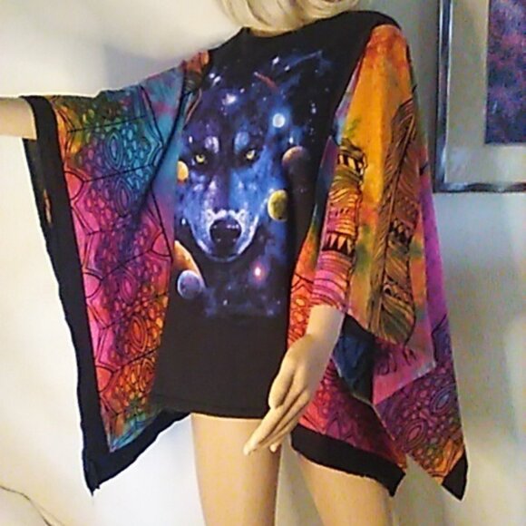 Wolf Top Upcycled 50" x 26" Vibrant Colors Reworked Boho One of A Kind - Picture 4 of 8